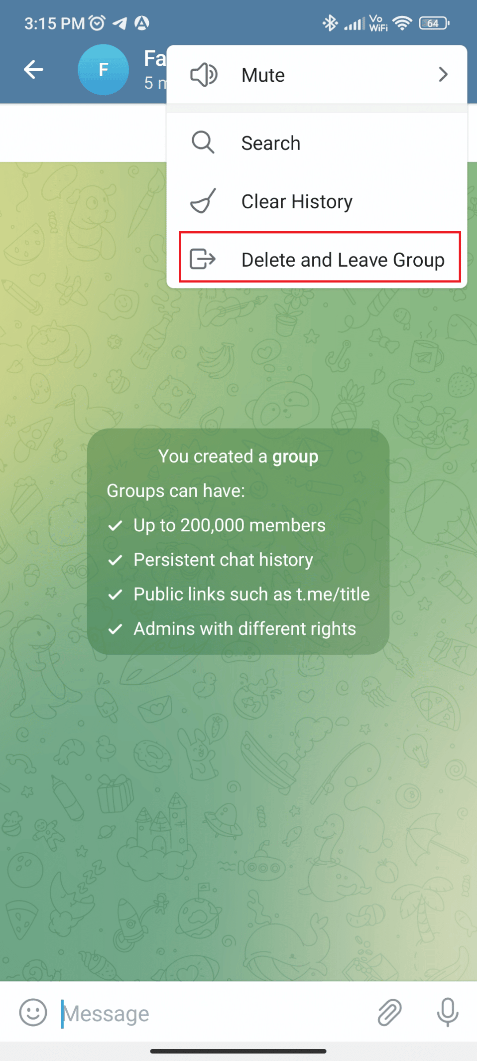 点击删除并离开群组。如何在 Telegram 群组中添加成员
