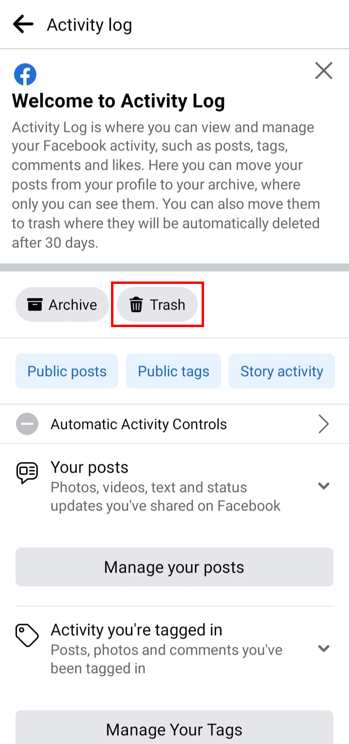 [ゴミ箱] オプションをタップして、ゴミ箱に移動した投稿を表示します。 | | Facebookで誰かが削除したコメントを確認する方法