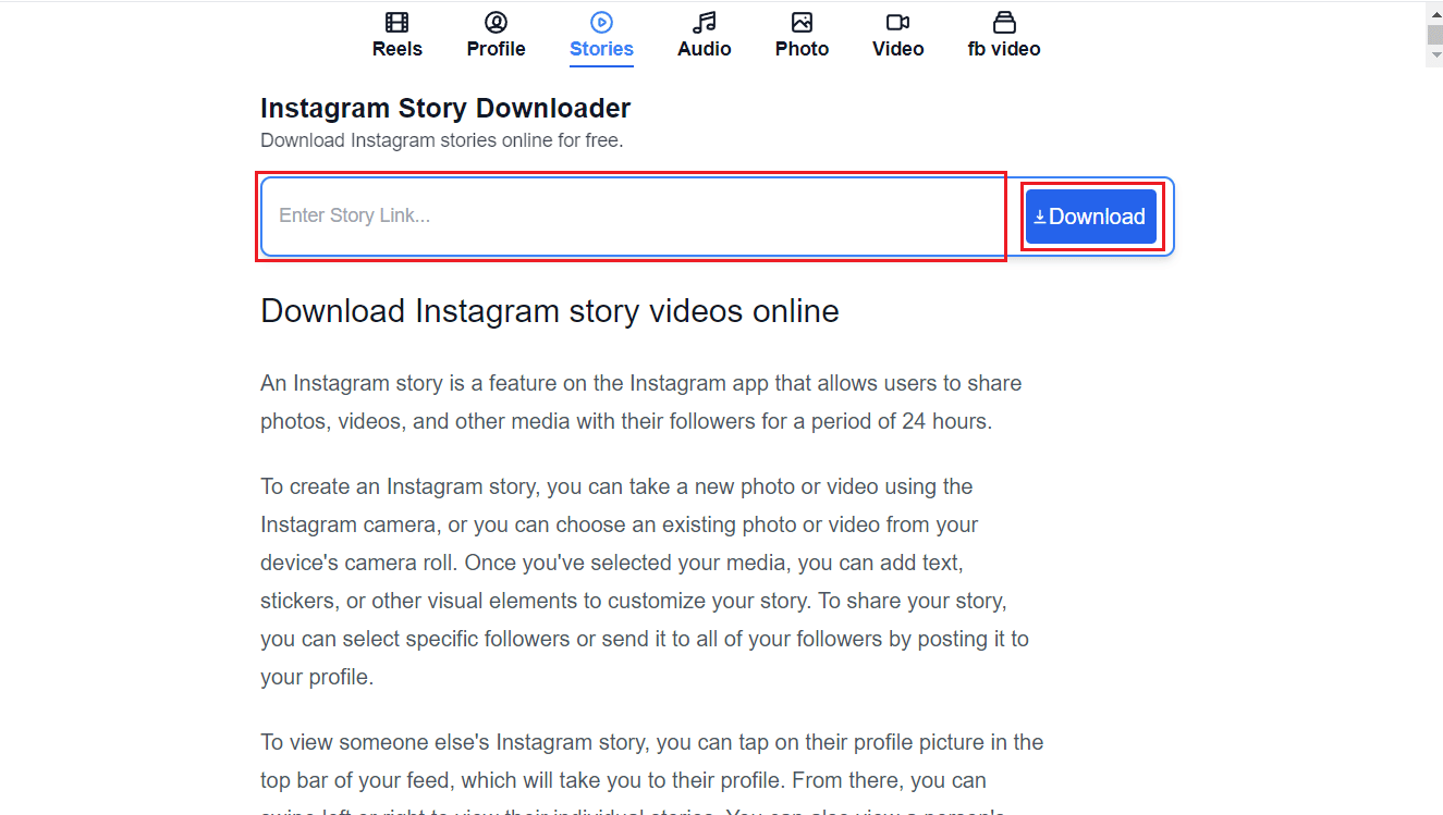Incolla il link della storia nella casella dell'URL e fai clic su Download