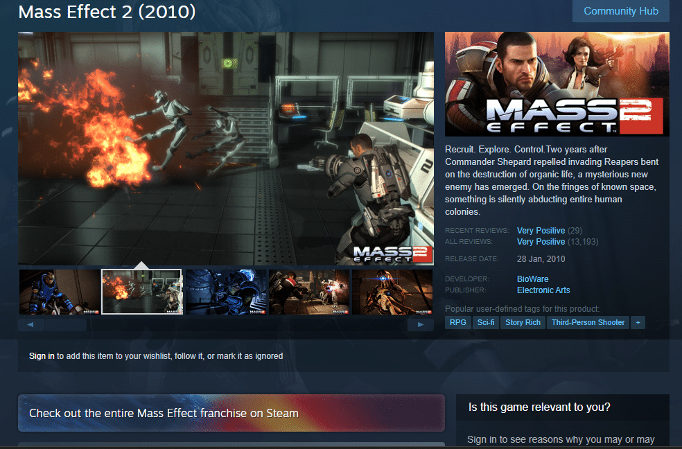 Mass Effect 2 buhar sayfası. MMORPG anlamı