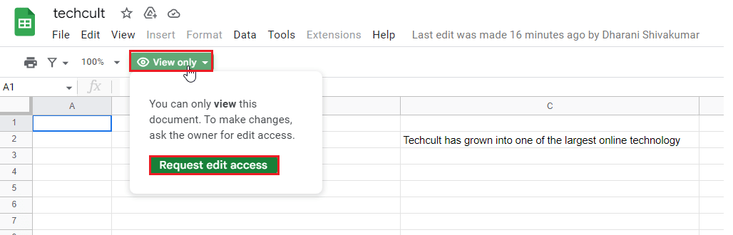 [表示のみ] オプションを選択します。 Google スプレッドシートの編集権限を設定する方法