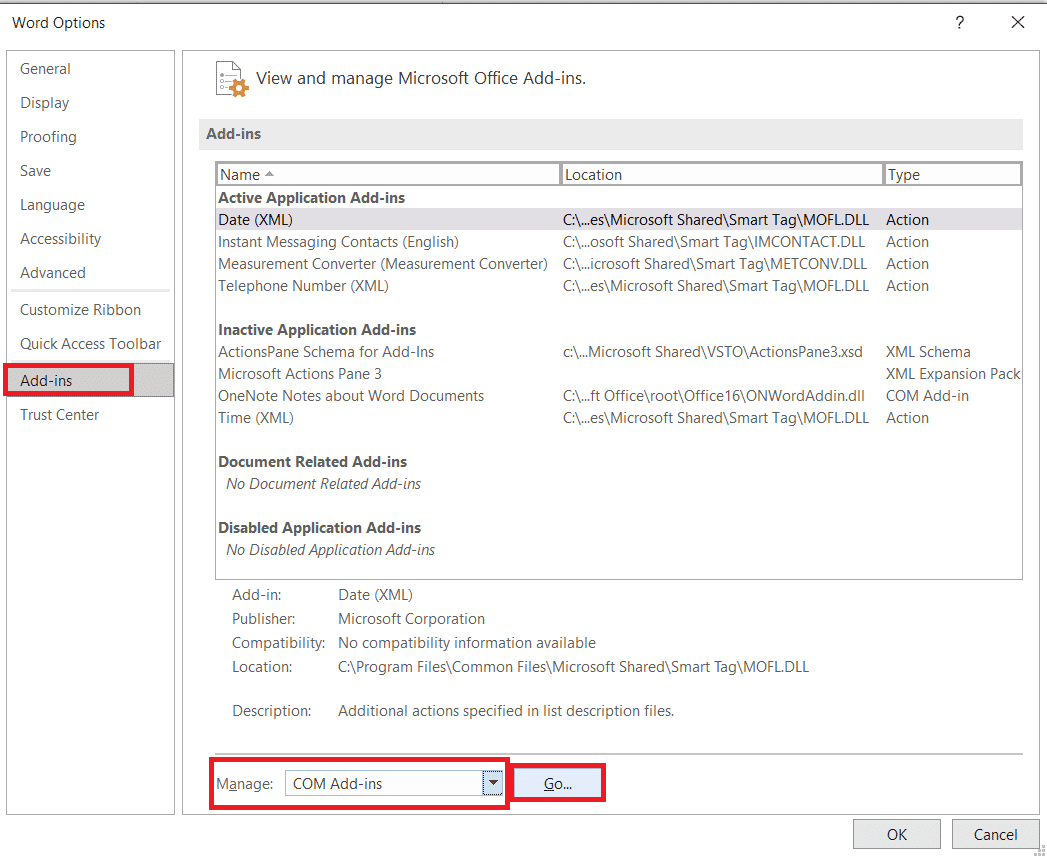 管理 COM 加载项 MS Word 选项