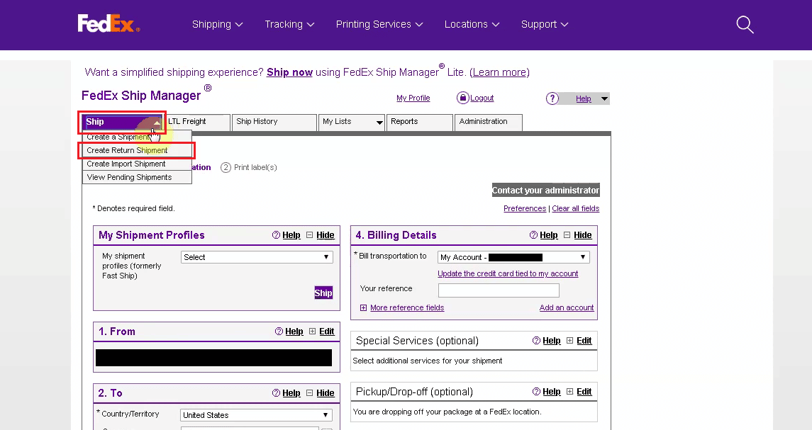FedEx Ship Manager 페이지에서 발송 탭 - 반송물 생성을 클릭합니다.
