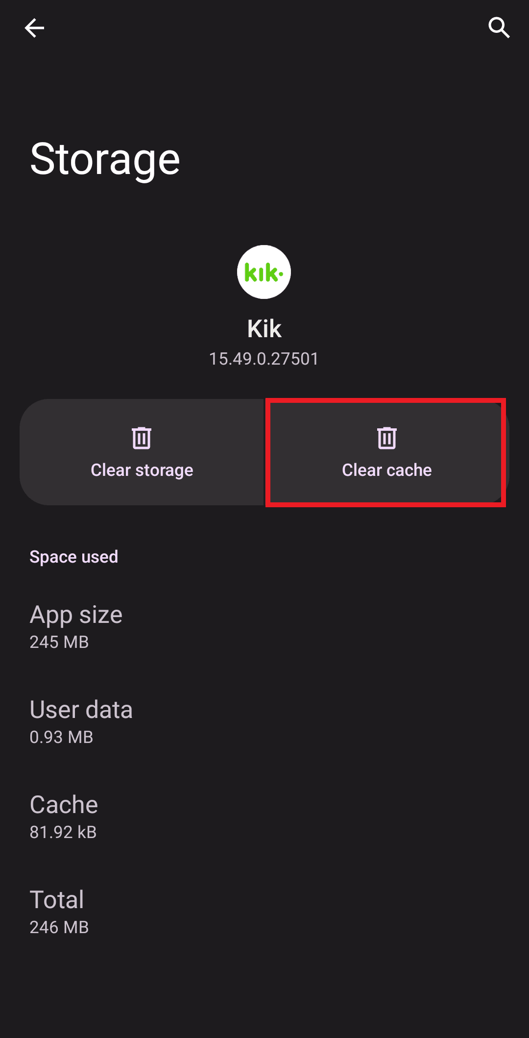 Önbelleği temizle kik'e dokunun