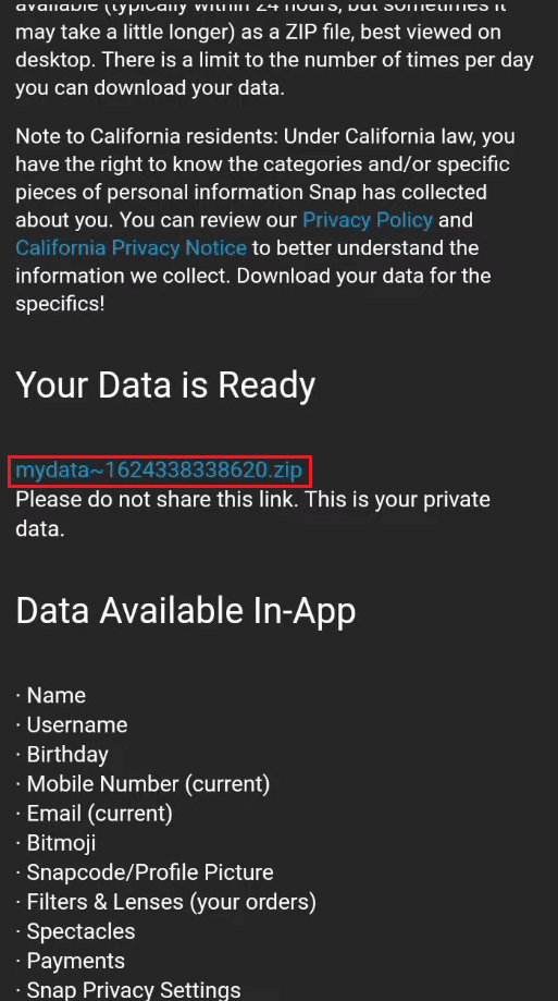mydata zip 파일 링크를 클릭하여 장치에 다운로드 |