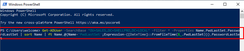 Get-ADUser -SearchBase コマンド。 PowerShell を使用して最後に設定されたパスワードを見つける方法