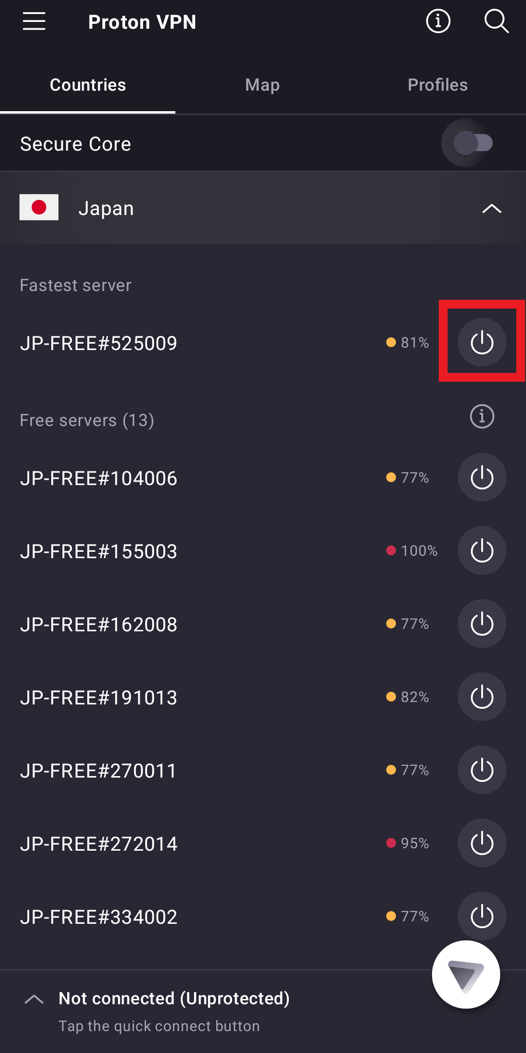 Ketuk ikon daya untuk terhubung ke server.
