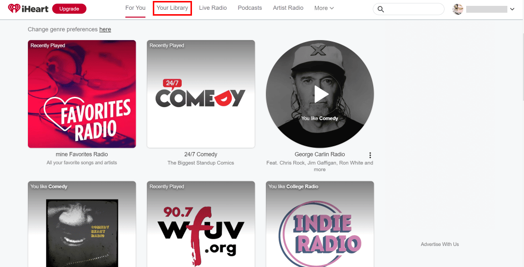 单击“您的图书馆”选项。 |如何删除 iHeartRadio 帐户