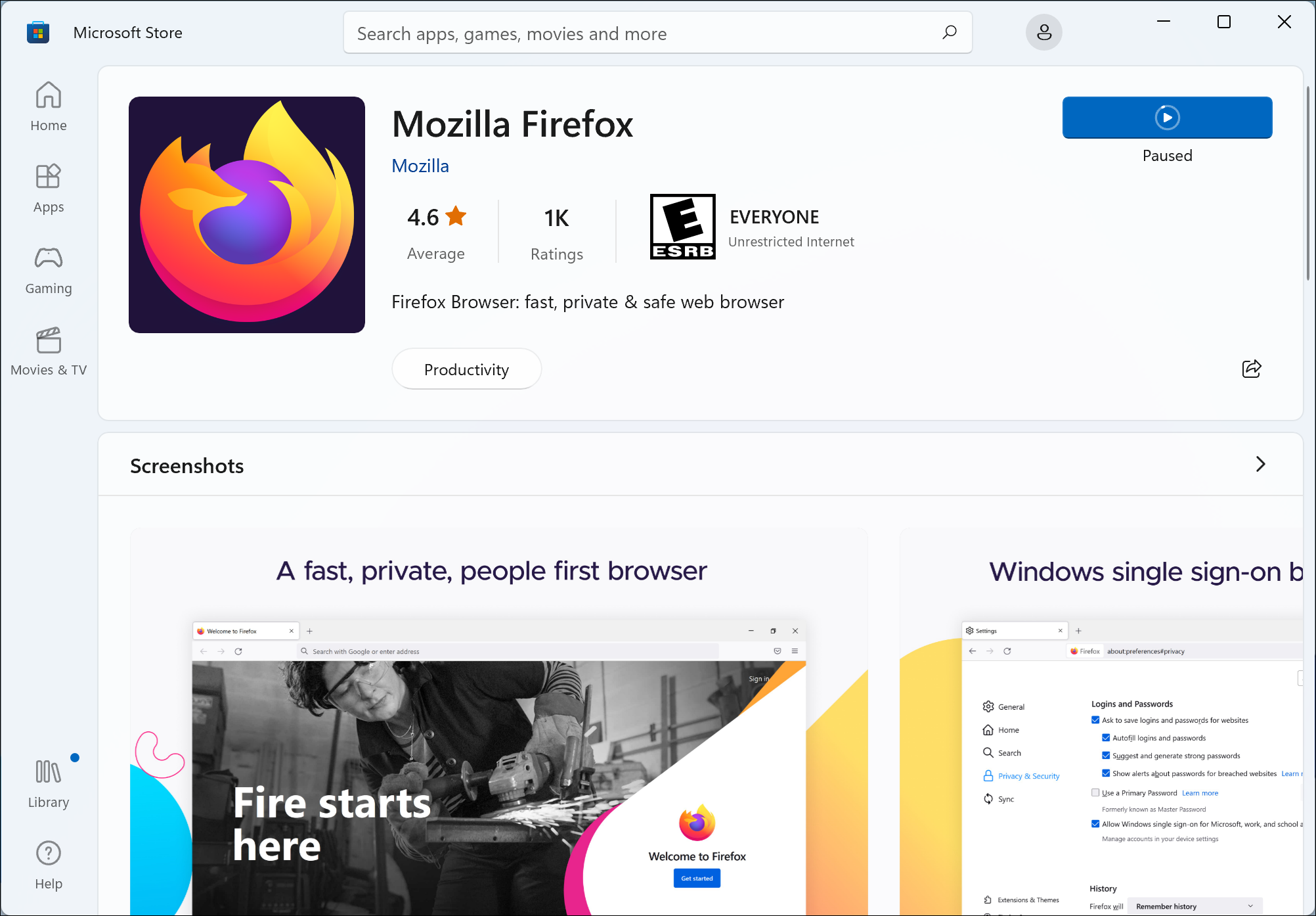 Mozilla Firefox en la tienda de Microsoft