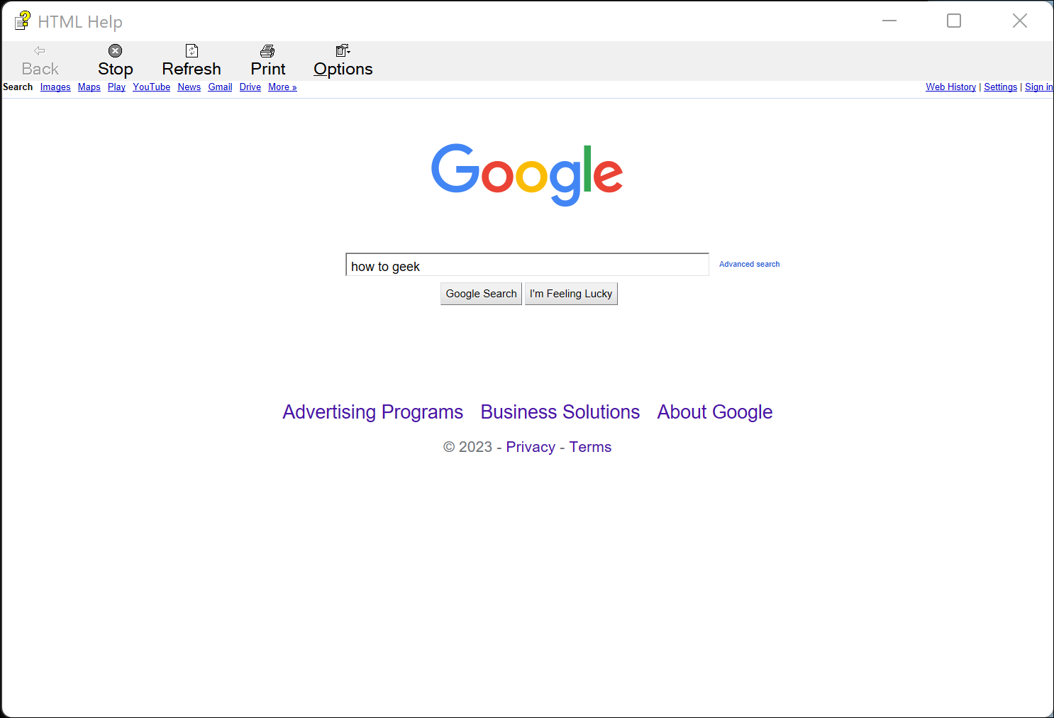 Visor de ayuda que muestra Google.com