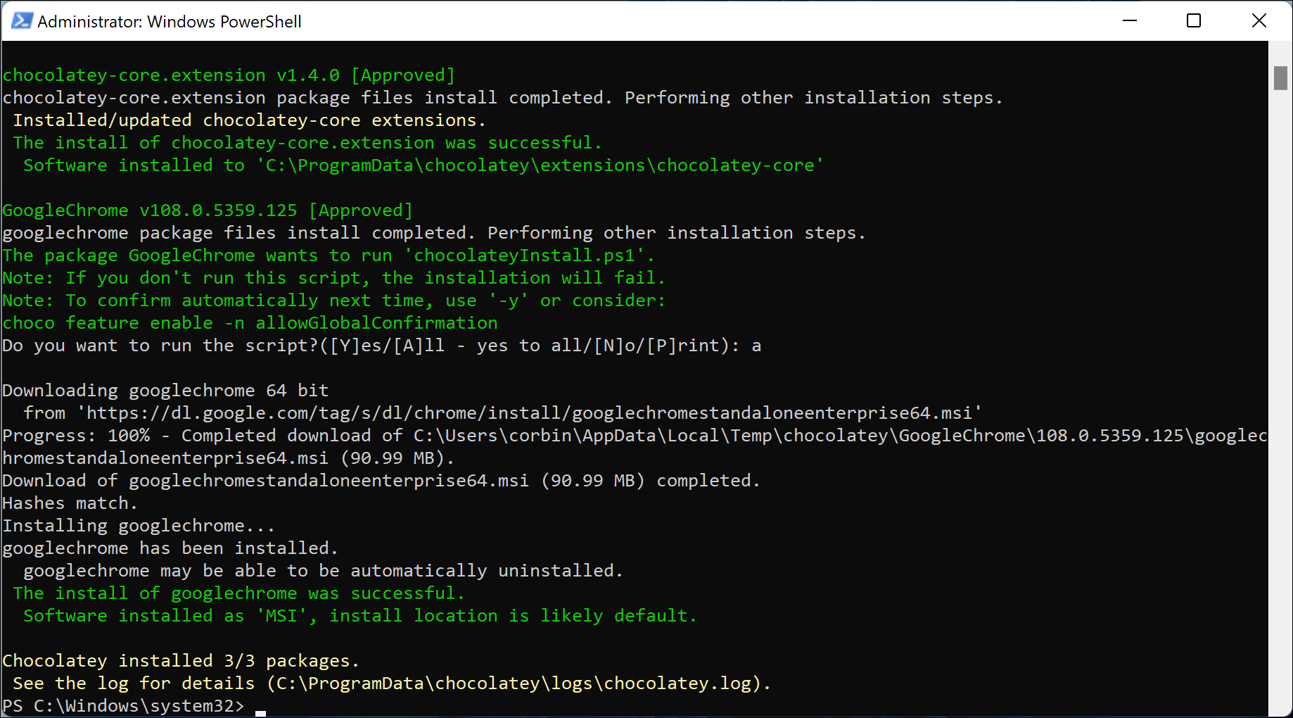 Imagen de PowerShell de Chocolatey corriendo