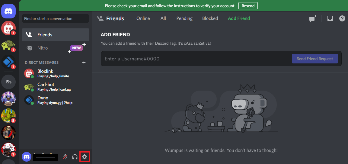 Klicken Sie auf das Symbol Einstellungen. 5 Möglichkeiten, den Fehler „Discord Friend Request Failed“ zu beheben