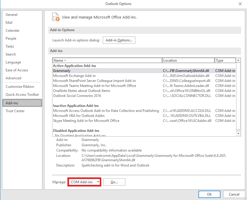 Yönet açılır menüsünü bulun ve COM Eklentileri'ni seçin. Outlook Otomatik Tamamlamanın Düzgün Çalışmamasını Düzeltme