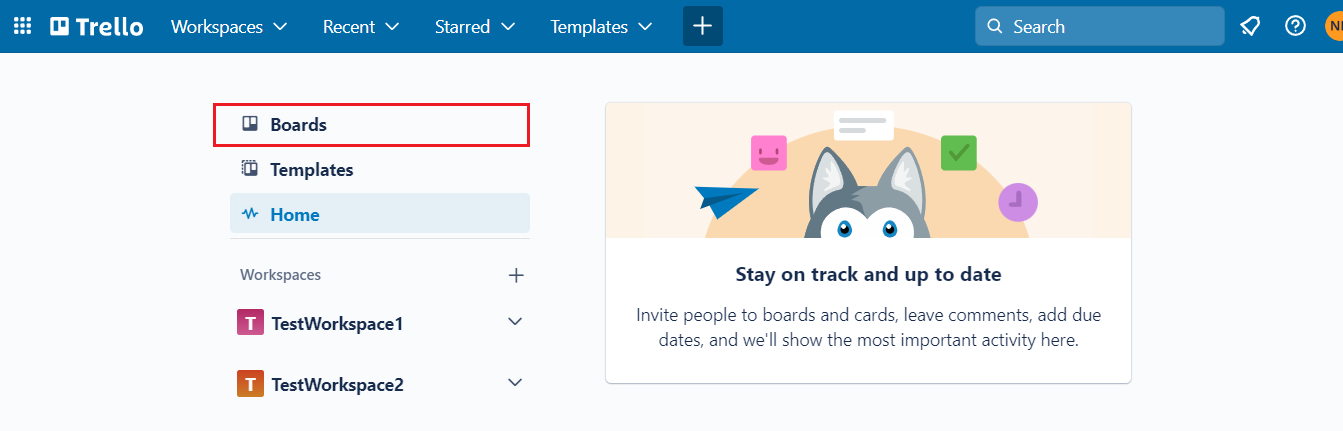 На домашней странице Trello щелкните параметр «Доски» в верхней левой панели.