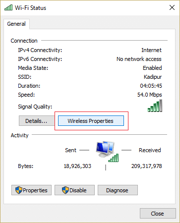 WiFi durum penceresinde Kablosuz Özellikleri'ni tıklayın | Düzeltme Windows 10'da bu ağ sorununa bağlanılamıyor