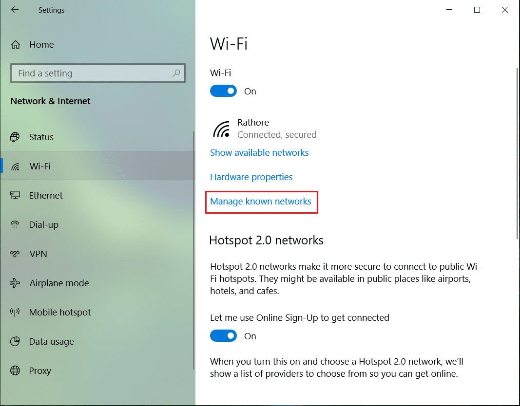 Kaydedilmiş ağların listesini almak için Bilinen ağları yönet'e tıklayın | Düzeltme Windows 10'da bu ağ sorununa bağlanılamıyor