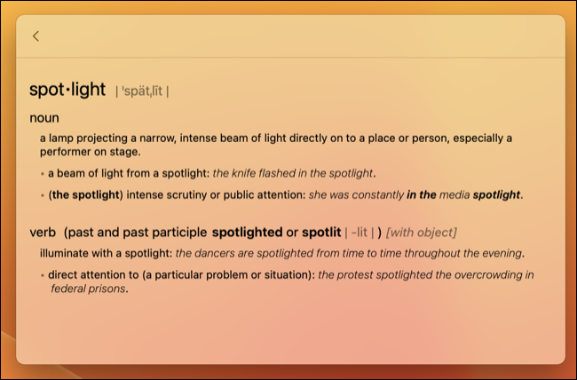 Verifique ortografia e definições usando o Spotlight
