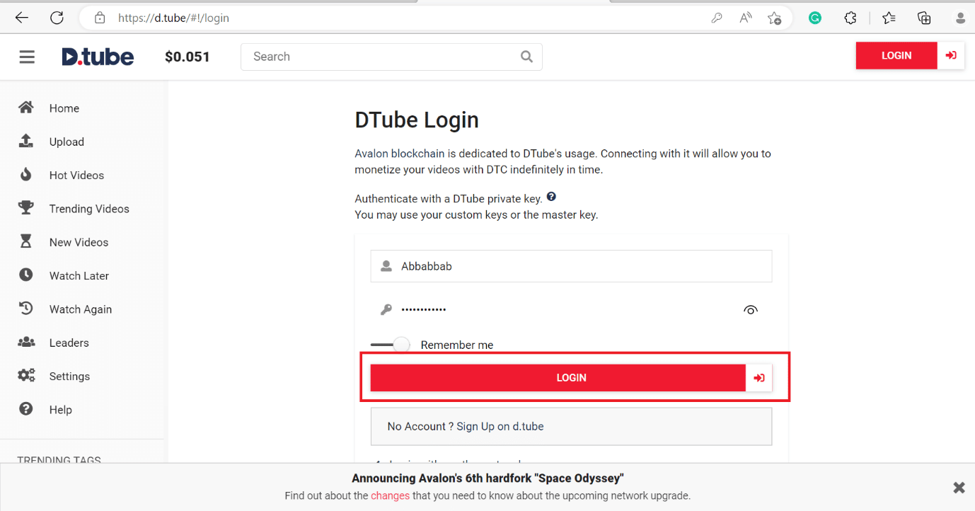 Klicken Sie auf dtube auf die Option LOGIN