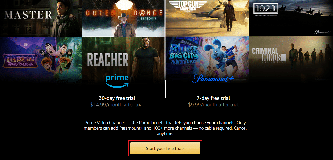 wybierz opcję Rozpocznij bezpłatne wersje próbne w Paramount plus Amazon Prime Video