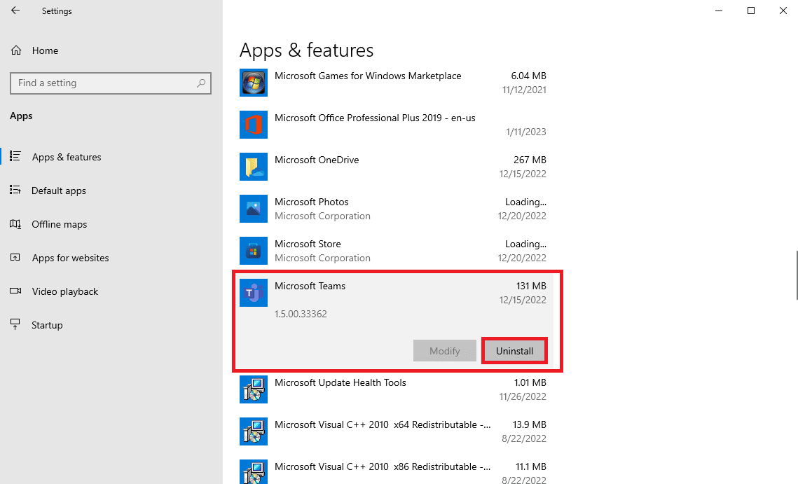 scorrere verso il basso e individuare Microsoft Teams e fare clic su Disinstalla. 9 modi per correggere la condivisione dello schermo di Microsoft Teams che non funziona