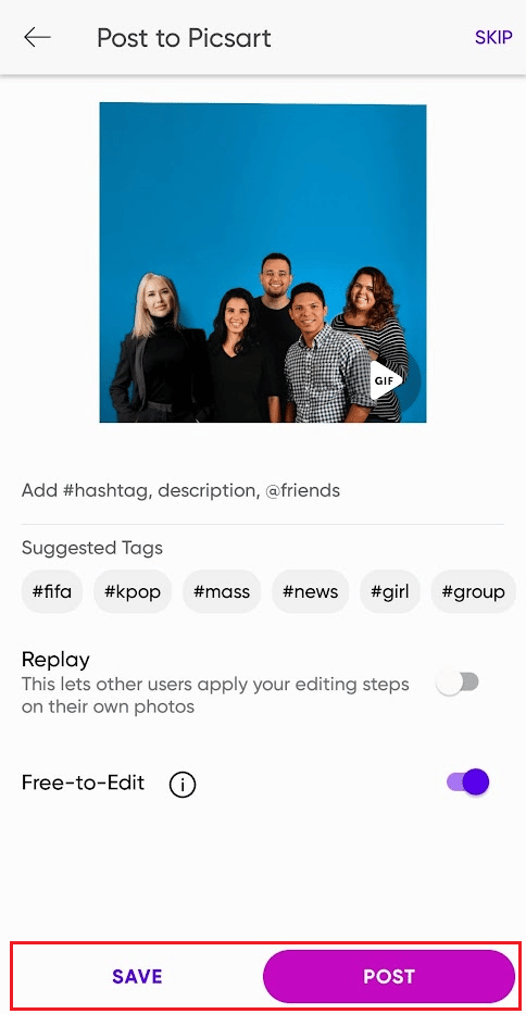 appuyez sur l'option POST ou SAVE pour partager l'image