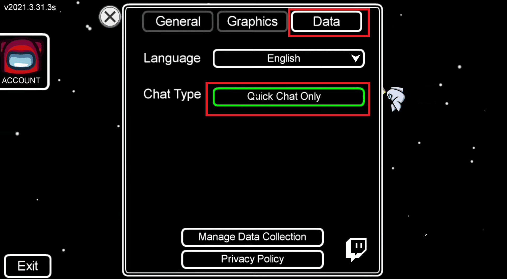 Selecione a opção Quick Chat Only para habilitar o Quick Chat entre nós