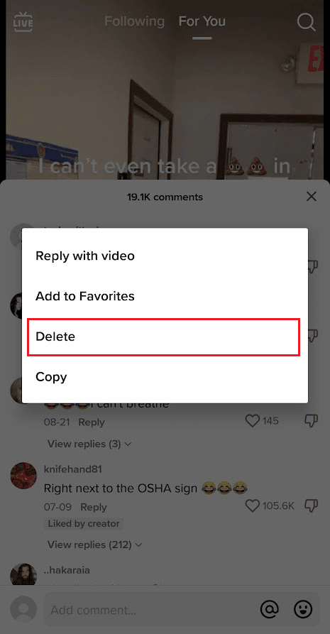 W wyskakującym menu dotknij Usuń | Jak znaleźć swoje komentarze na TikTok