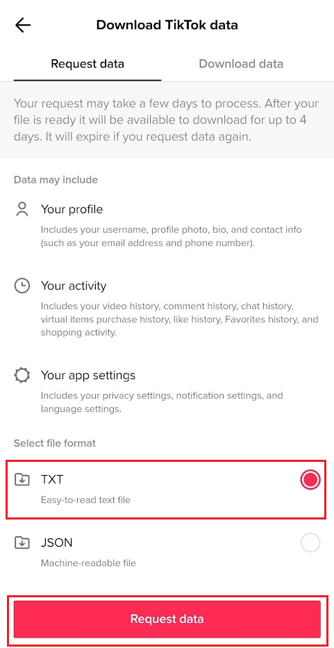 Wybierz format pliku TXT i dotknij Poproś o dane