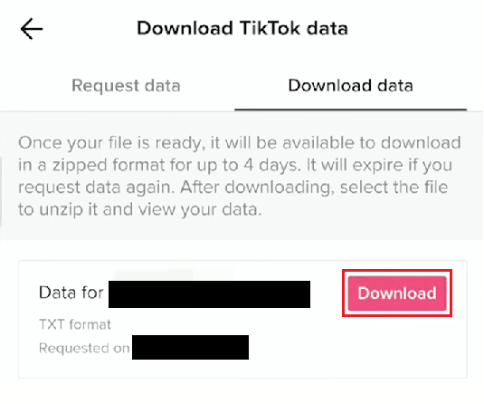 Stuknij opcję Pobierz z otrzymanego pliku, o który prosiłeś | Jak znaleźć swoje komentarze na TikTok
