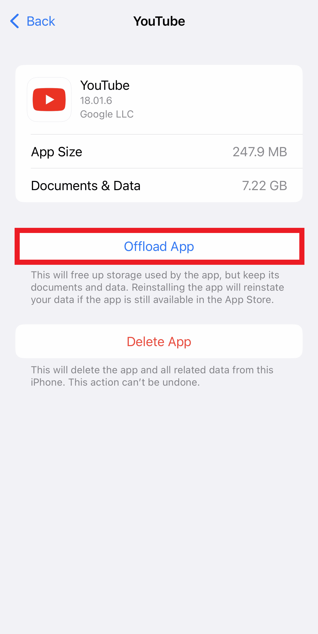 iPhone'unuzdaki depolama alanını boşaltmak için Uygulamayı Boşalt'a dokunun