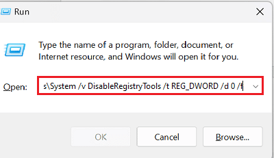 eseguire il comando nella finestra di dialogo Esegui. come abilitare regedit