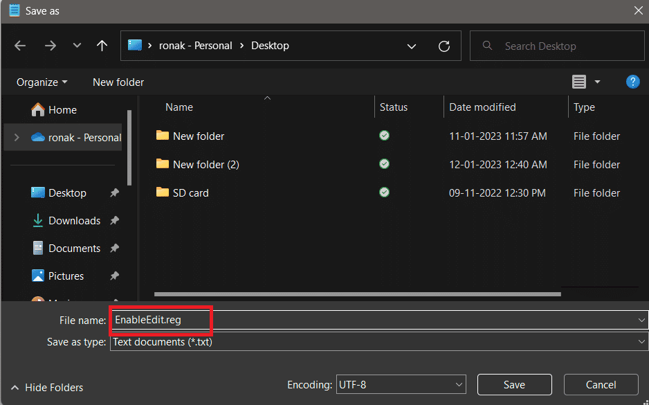 il file viene salvato in formato (.reg) sul desktop. come abilitare regedit