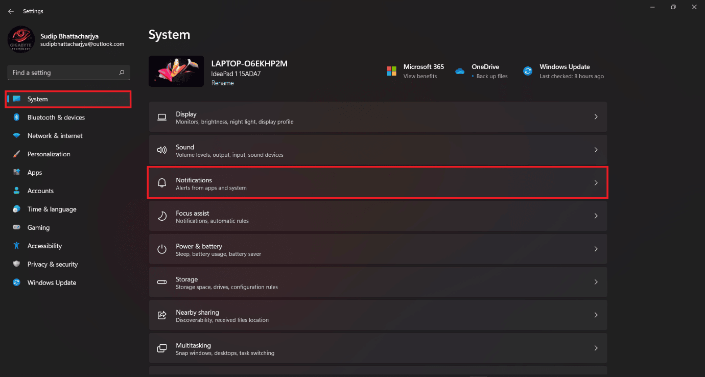 cliquez sur l'option Notification. 9 façons de réparer Snip et Sketch ne fonctionnant pas sous Windows 10 et 11