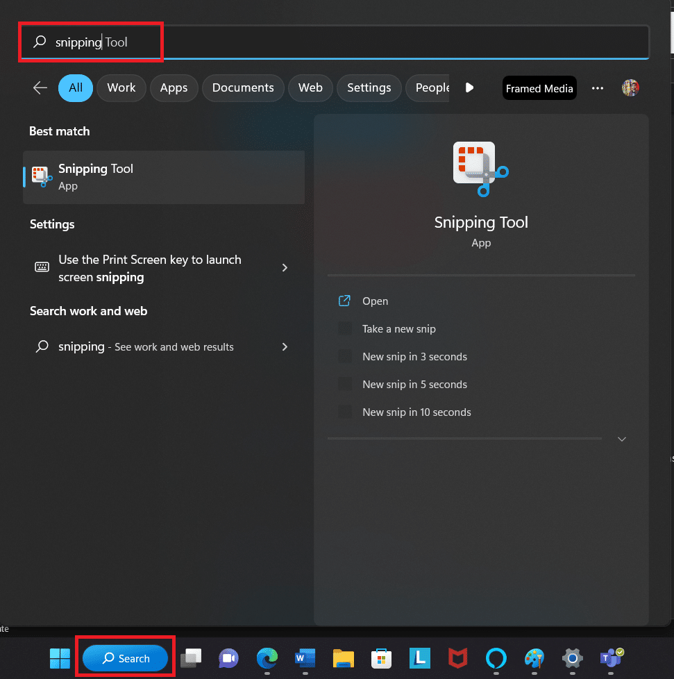 Recherchez l'outil de capture à partir de l'option de recherche. 9 façons de réparer Snip et Sketch ne fonctionnant pas sous Windows 10 et 11