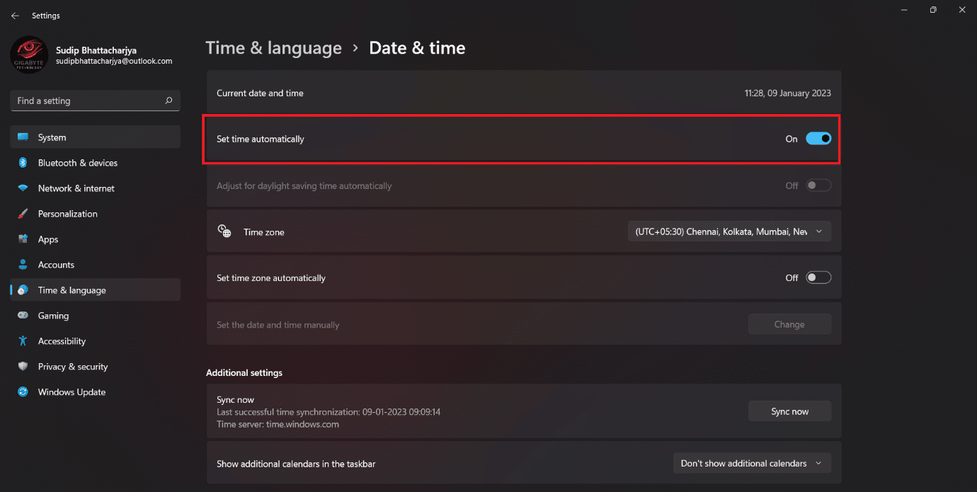 Activez la bascule pour régler l'heure automatiquement. 9 façons de réparer Snip et Sketch ne fonctionnant pas sous Windows 10 et 11