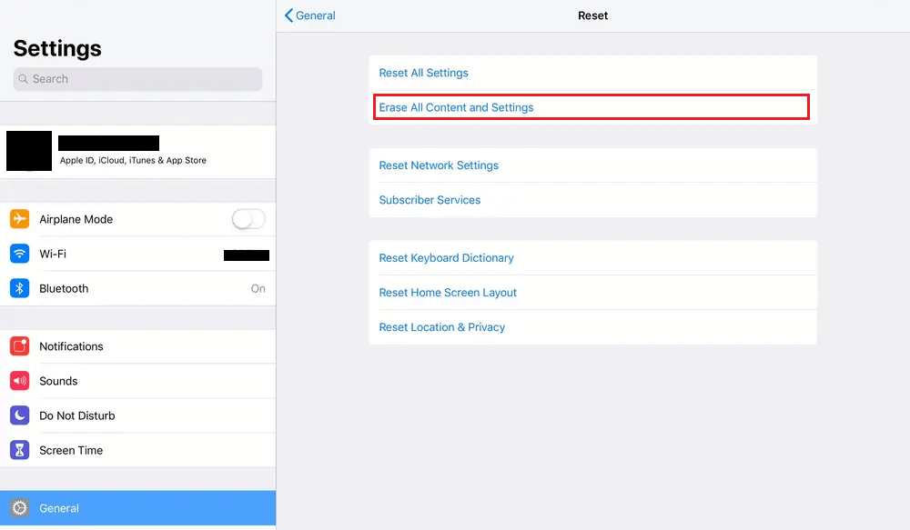 toque Borrar todo el contenido y la configuración | iPad sigue apagándose