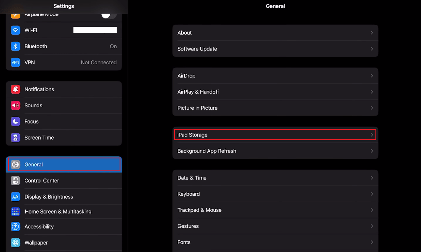 Ajustes - General - Almacenamiento del iPad