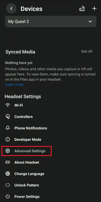 tocca Impostazioni avanzate sull'app Oculus