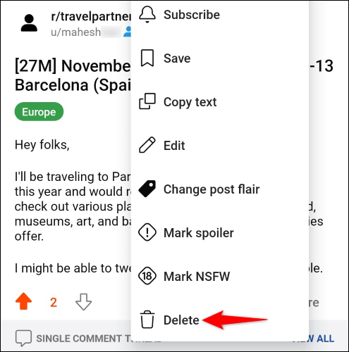 Sélectionnez "Supprimer" dans le menu.