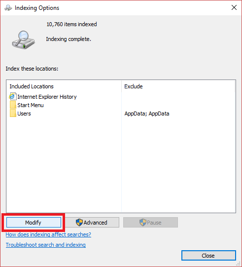 [インデックス作成オプション] ウィンドウから [変更] ボタンをクリックします。 Windows 10 を高速化する 20 の方法