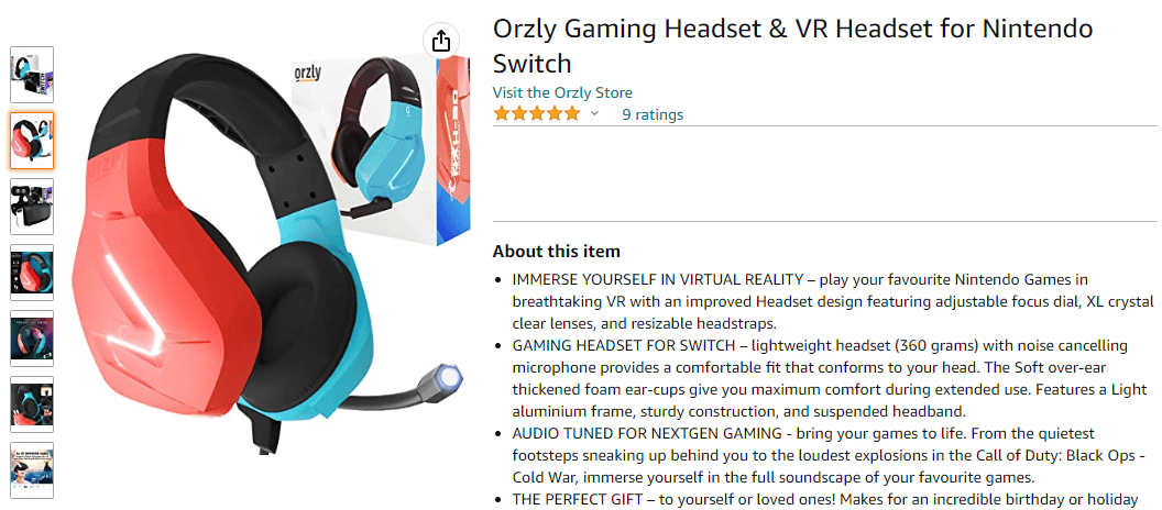 Orzly VR 耳機亞馬遜頁面