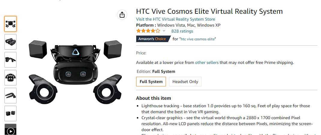 HTC Vive Cosmos Elite 亞馬遜頁面