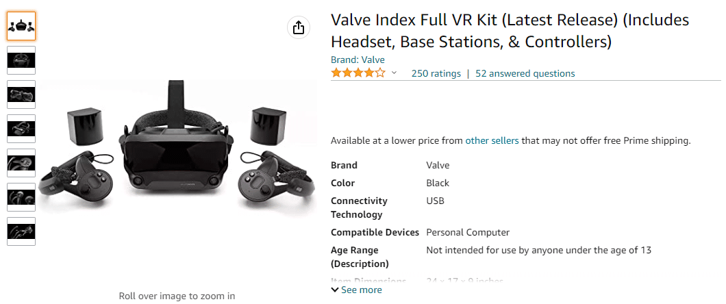 Valve Index 完整 VR 套件亞馬遜頁面