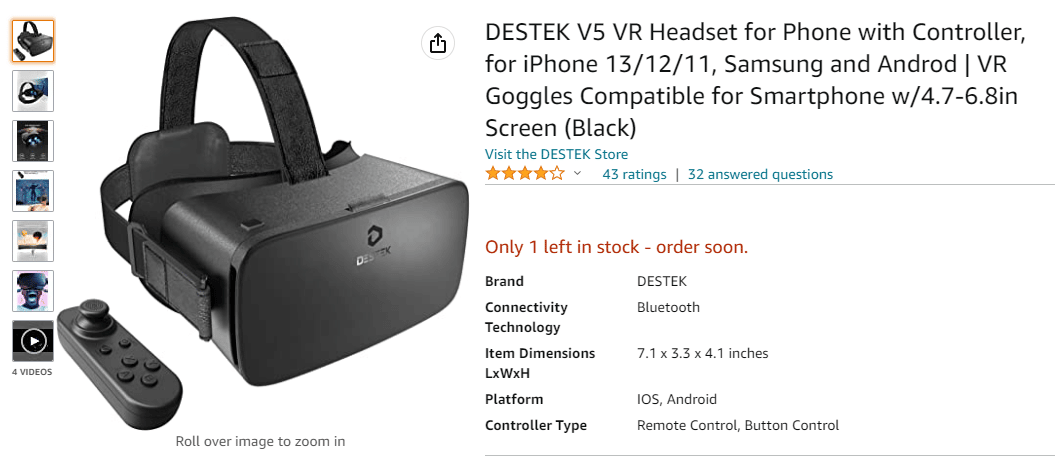 帶控制器的 DESTEK V5 VR 耳機亞馬遜頁面