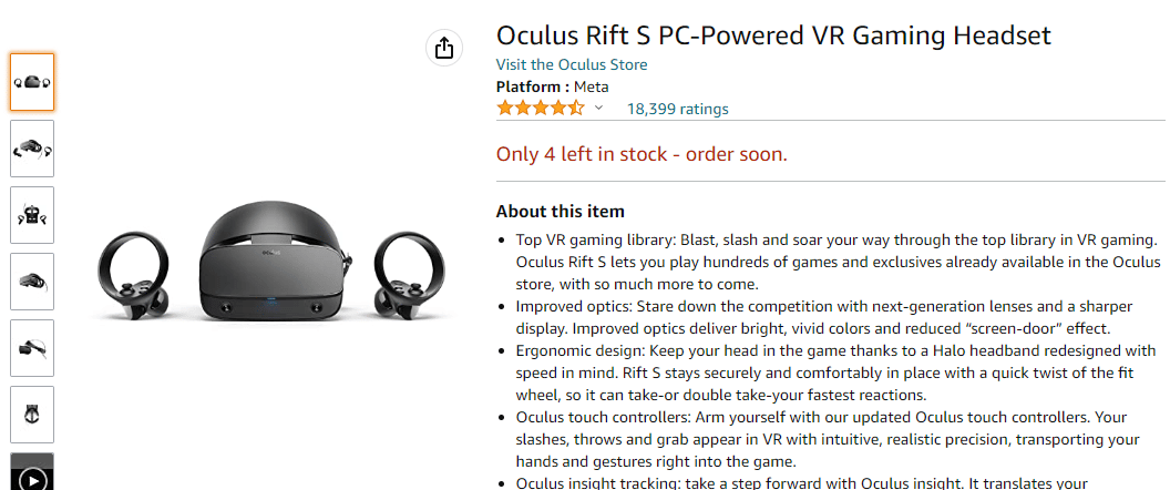 Oculus Rift S 亞馬遜頁面
