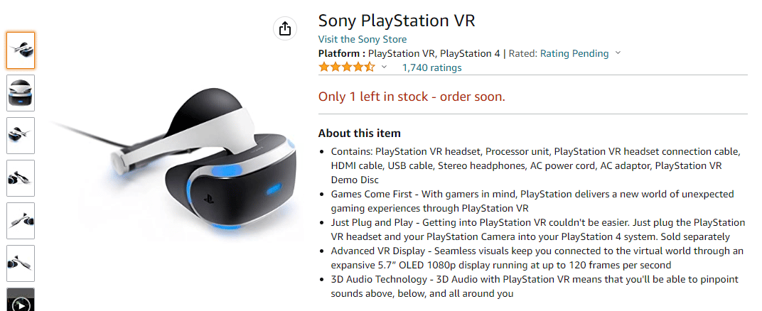 索尼 Play Station VR 亞馬遜頁面