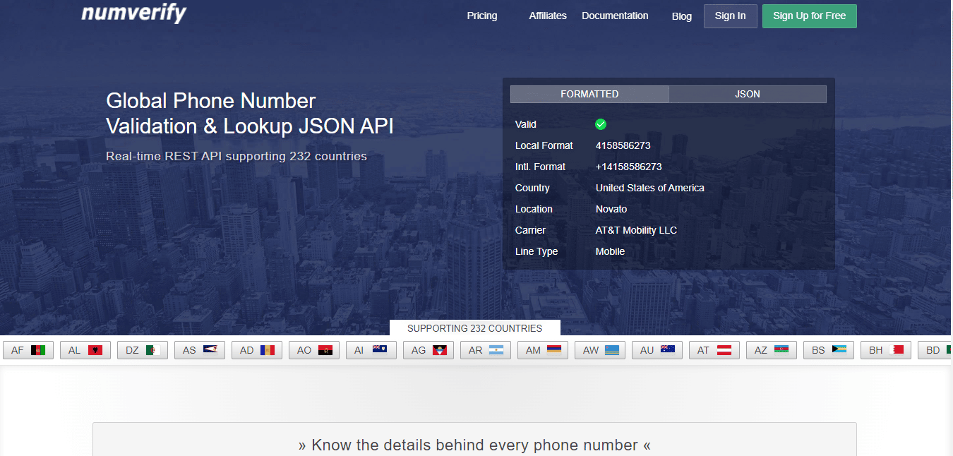 Numverify API web sitesi