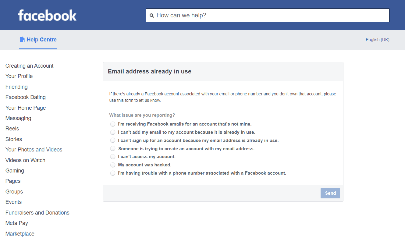 offizielle Meldeseite von Facebook