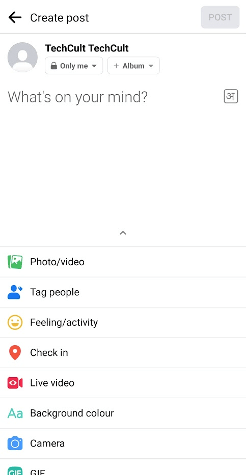 What's on your mind Option aus Ihrem FB-Profil und Hinzufügen interessanter Inhalte