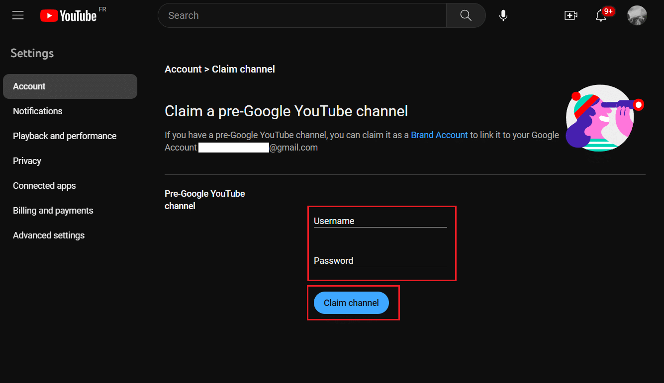 输入您的 pre-Google YT 频道的用户名和密码 - Claim channel